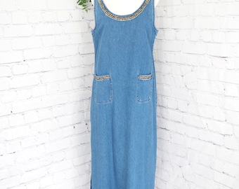 Agapo 90s Vintage Denim Jean Overall Dress With Pockets 100% Cotton Size M