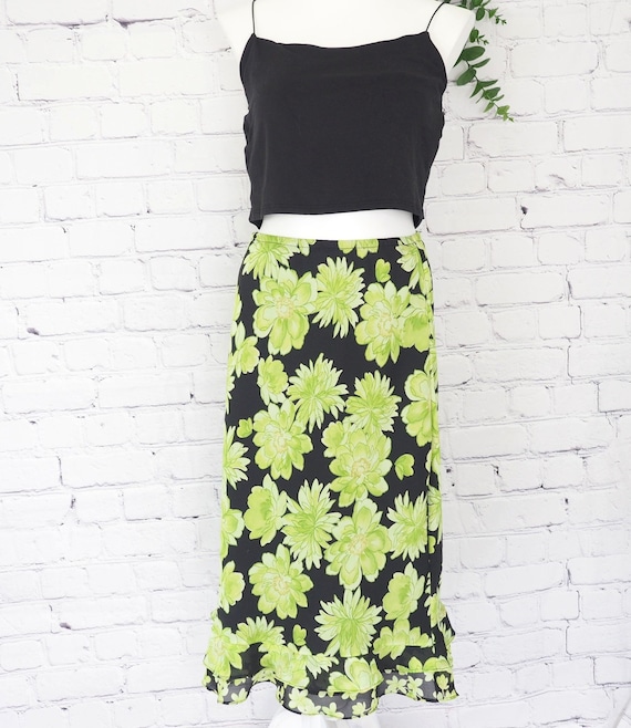 Vintage Y2K Black Lime Green Floral Midi Skirt Ruf