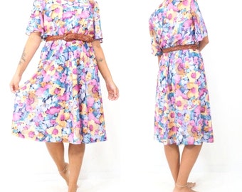 70s/80s Vintage Floral Midi Dress Short Sleeve Size Medium/ Large