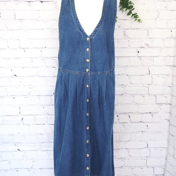 90s Vintage Denim Jean Oversize Maxi Sundress Front Button 100% Cotton Size L/XL