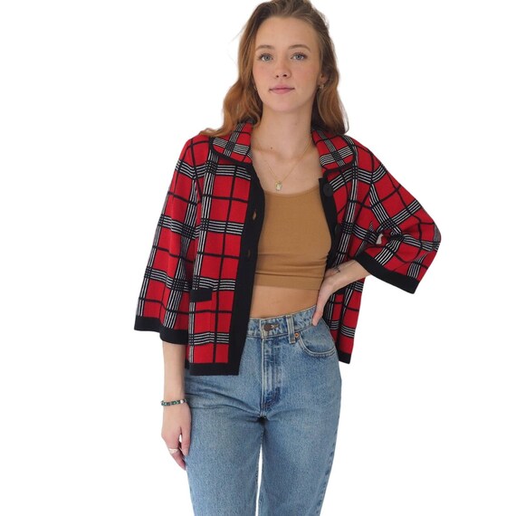 Vintage Knit Cardigan Sweater Red Black Plaid Cropped Womens Size 