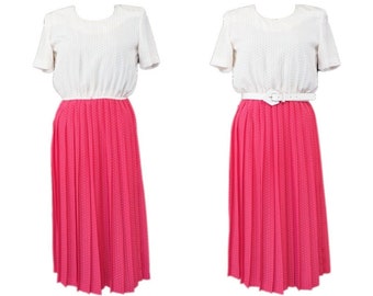 80s Vintage Preppy Hot Pink Polka Dot Midi Dress Pleated Skirt  Size Small