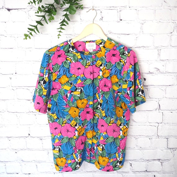 Tess 80s 90s Vintage Floral Short Sleeve Top Blou… - image 1