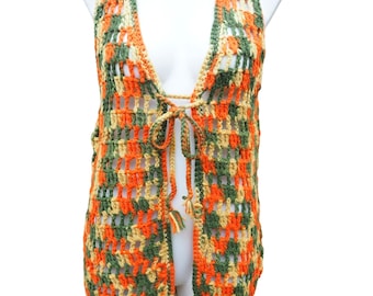 Vintage Afghan Crochet Knit Sweater Vest Neck Tie Womens Size M/L