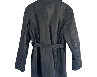 Vintage Leworld Black Leather Belted Trench Coat Patchwork