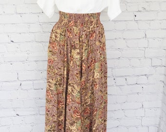 Vintage Paisley Rose Floral Maxi Falda Tamaño S/M Granate y Bronceado con Bolsillos