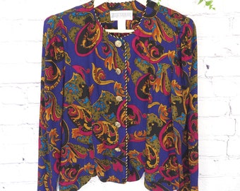80s Vintage Paisley Blazer Jacket Retro Purple Jessica Howard Size M Petite