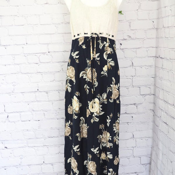 Vintage Sundress Black Floral Maxi Linen Top Sleeveless All That Jazz Size S/M