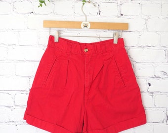 90s Vintage Red Trouser Shorts Cuffed High Waisted 100% Cotton Size 0/2 Waist 25