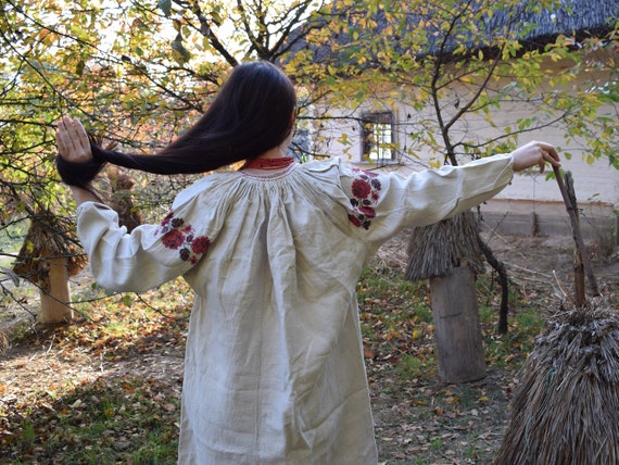 Antique hemp embroidered dress, Ukrainian vyshyvan