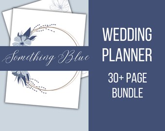 Può includere: Un planner per matrimoni con un design floreale blu e il testo "Something Blue" sulla copertina. Il planner è un pacchetto di oltre 30 pagine.
