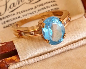 9ct Gold Blue Topaz Ring Size O 1/2, 9k Gold Topaz and Diamond Ring Size 7.25, Solid Gold Topaz Solitaire Ring Boxed