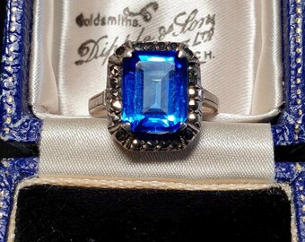 Pretty Vintage 9ct Gold and Silver Sapphire Stone Ring Size L Ring Size 5.75, Art Deco Gold and Silver Ring, Vintage 9ct Gold Marcasite Ring