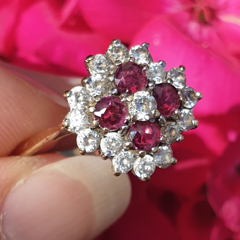 Vintage Spinel 9ct Gold Ring Pink Gemstone Ring Vintage Gold Ring Gift for Her Cluster Gold Ring