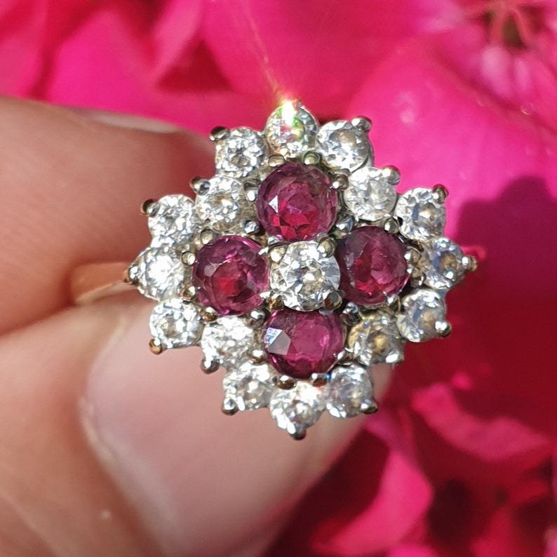 Vintage Spinel 9ct Gold Ring Pink Gemstone Ring Vintage Gold Ring Gift for Her Cluster Gold Ring