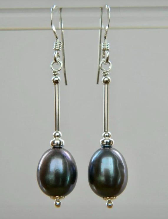 Beautiful Sterling Silver Black Pearl Dangle Earrings, 925 Silver