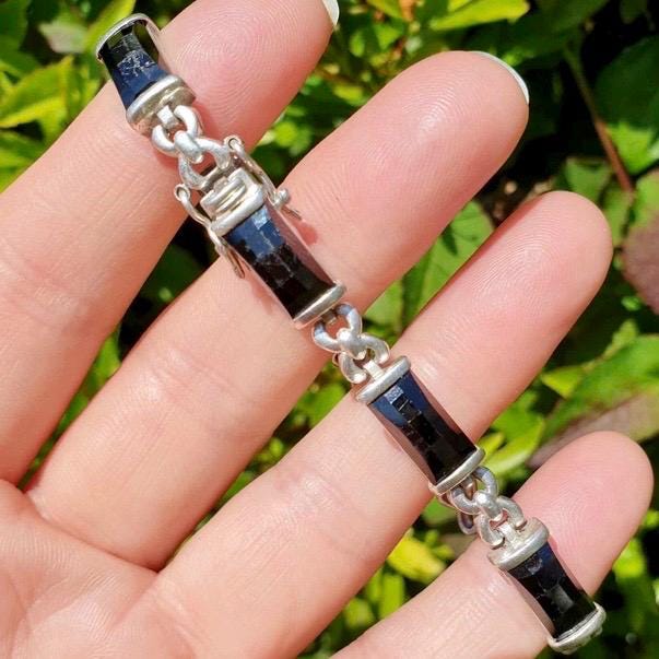 オニキスブレスレット 925シルバー オニキスブレスレット 細身