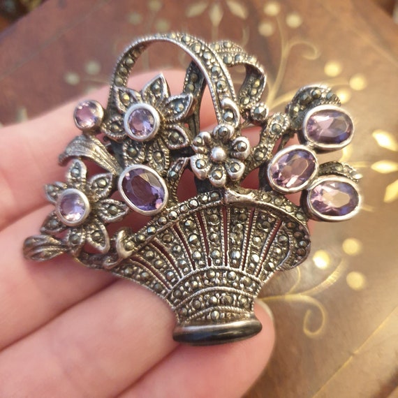Vintage Marcasite and Monnglow Flower Stick Pin Brooch Gorgeous Flower with Moonglow Stones Silver Alloy and Marcasite Art Deco Style Pin
