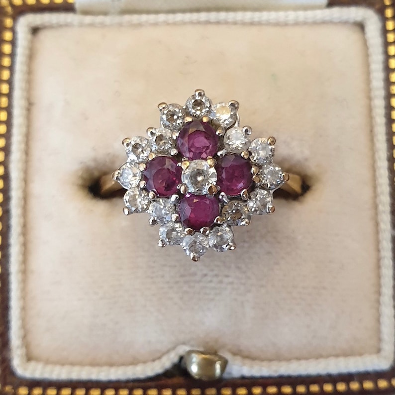 Vintage Spinel 9ct Gold Ring Pink Gemstone Ring Vintage Gold Ring Gift for Her Cluster Gold Ring