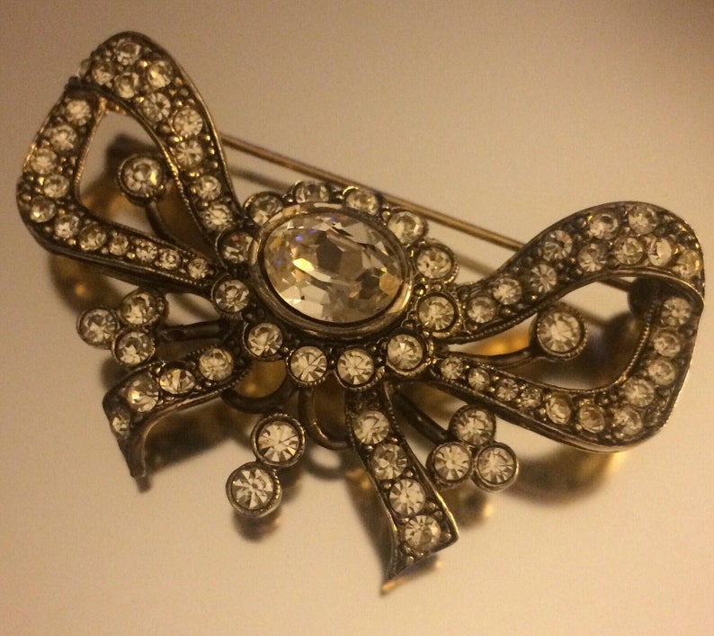 Silver Bow Brooch Paste Brooch Vintage Brooch 1950s Pave Brooch Crystal Rhinestone Brooch Diamante Brooch Italian Silver Brooch