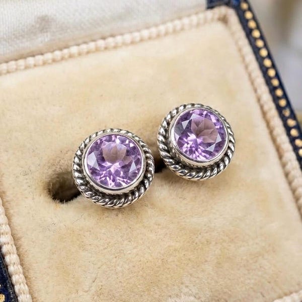 925 Sterling Silver Amethyst Stud Earrings, Minimalist Gemstone Studs, February Birthstone Gift for Her, Boxed