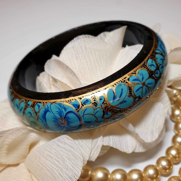 Vintage Jewelry Vintage Bangle Bracelet Wooden Bangle Turquoise Bangle Turquoise Jewellery Flower Jewellery Estate Jewellery Gifts for Her