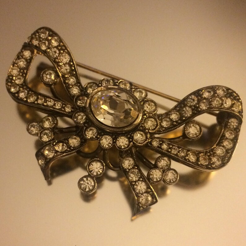 Silver Bow Brooch Paste Brooch Vintage Brooch 1950s Pave Brooch Crystal Rhinestone Brooch Diamante Brooch Italian Silver Brooch