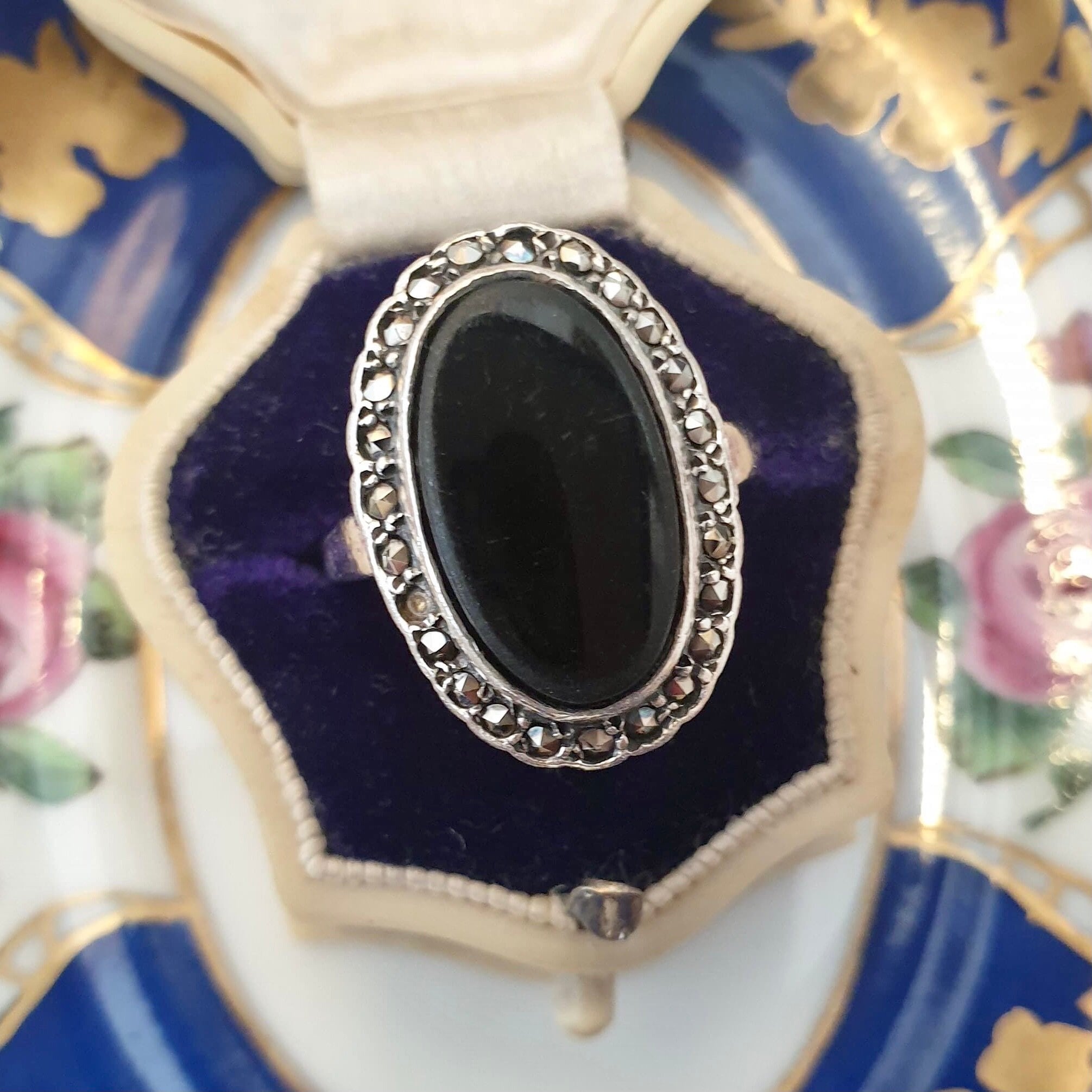 Vintage Onyx Ring Size R Onyx and Marcasite Ring Size 8.5 Solid Silver Onyx Oval Ring Sterling Silver Halo Ring for Women Boxed Gift