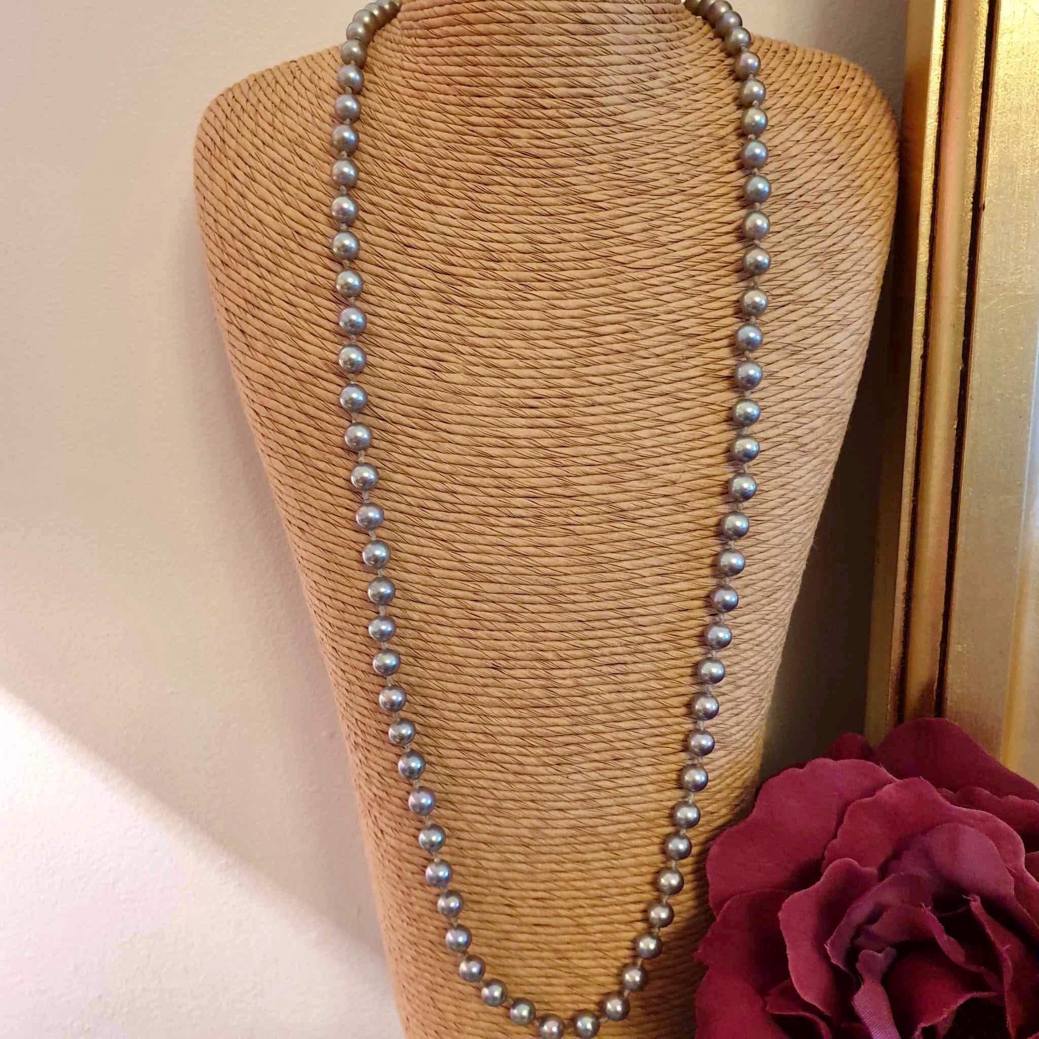 Collier Perles Verre Vintage Fumé Gris - Chaîne Infinie 50+10 Cm, Style Rétro Et Imposant, Par Lideva Paris