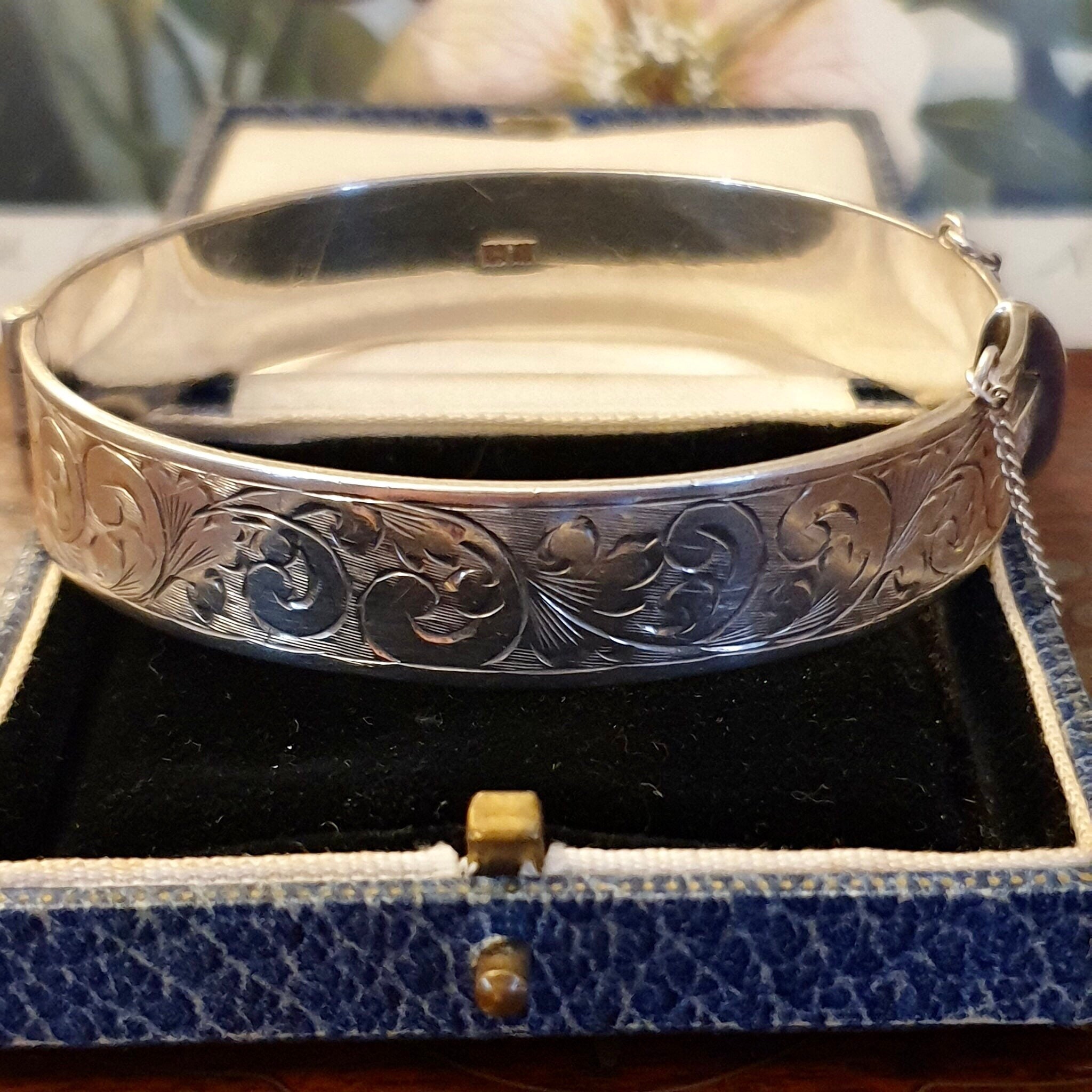 Vintage Silver Bangle for Women Engraved Sterling Silver Bangle