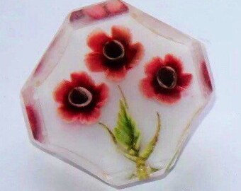 Broche Ancienne En Lucite Sculptée Années 40 - Style Art Déco Fleurs, Métal Doré, Occasion