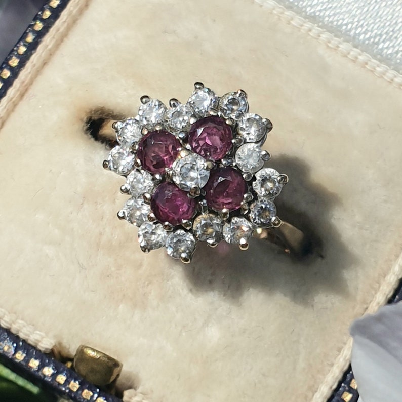 Vintage Spinel 9ct Gold Ring Pink Gemstone Ring Vintage Gold Ring Gift for Her Cluster Gold Ring