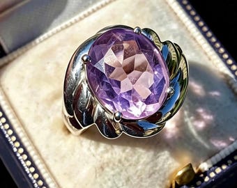 Genuine Amethyst Gemstone Ring Size M 1/2 or 6.5 Sterling Silver Amethyst Solitaire Ring Vintage Large Stone Ring, Boxed Gift Ready