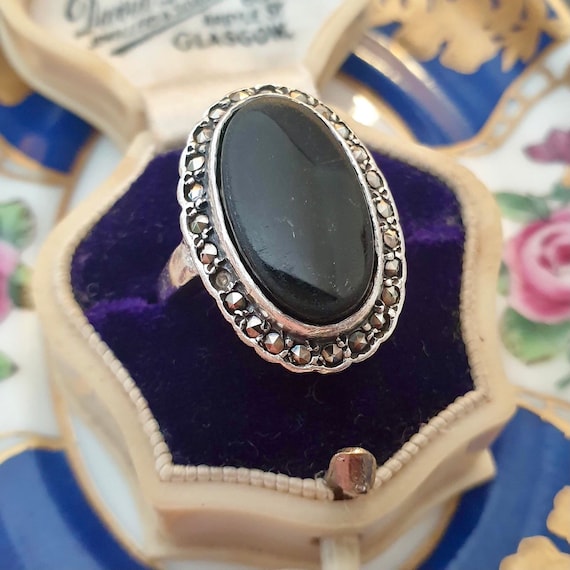 Vintage Onyx Ring Size R / 8.5 Sterling Silver, Vintage Onyx Jewellery, Black Halo Ring, Boxed Gift Ready