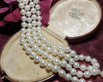 Collier vintage de perles de verre double rang : fermoir strass, 50 cm - France