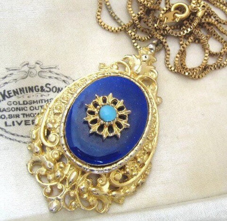 Vintage Enamel Necklace Blue Necklace Ornate Necklace Etsy