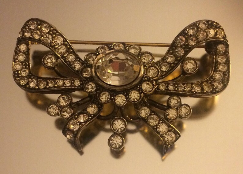 Silver Bow Brooch Paste Brooch Vintage Brooch 1950s Pave Brooch Crystal Rhinestone Brooch Diamante Brooch Italian Silver Brooch