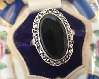 Duży pierścień z onyksu, rozmiar R, srebro próby 925, aureola z markazytem, rozmiar 8,5, w pudełku, bezpłatne pakowanie na prezent