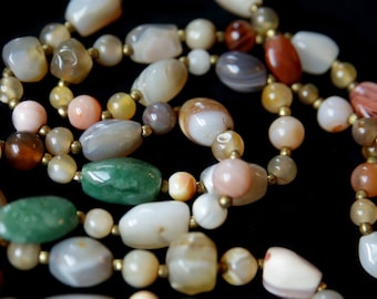 Long Agate Necklace Vintage Pastel Beads 36 Inch