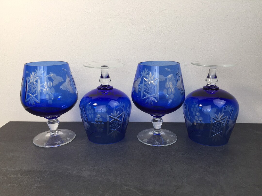 4 Cognac Snifters Blue Cased Glass Midcentury Etsy