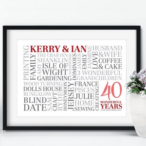 May include: A framed print featuring a word cloud design commemorating a 40th anniversary. The names Kerry and Ian are highlighted in red, along with the number 40. The word cloud includes words such as "family", "love", "husband", "wife", "coffee", "cake", and "garden". The date "24th September 2017" is also included.