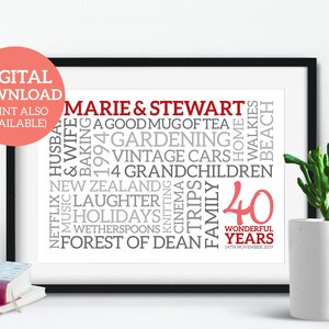 Könnte beinhalten: Ein druckbares Wortwolken-Design in Schwarz und Grau mit den Worten "Marie & Stewart" und "40 Wonderful Years" in Rot. Die Wortwolke enthält Wörter wie "Backen", "Gartenarbeit", "Oldtimer", "Enkelkinder", "Lachen", "Urlaub", "Familie", "Reisen" und "Forest of Dean".