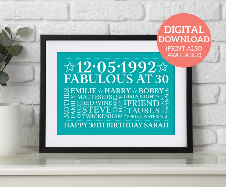 Personalised 30th Birthday - Unique Word Art - DOWNLOAD - Etsy