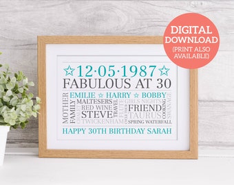 Personalised 30th Birthday - Unique Word Art - DOWNLOAD