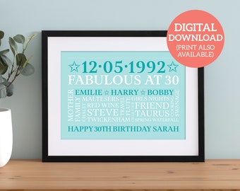 Personalised 30th Birthday - Unique Word Art - DOWNLOAD