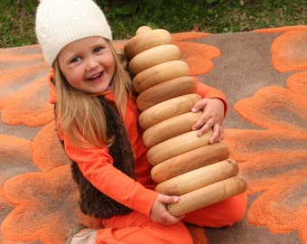 Handmade Educational Giant Wooden Stacking Pyramid Natural Montessori and Waldorf Inspired, 10 Ring Parts 20 cm Base Lotes Toys Baby Gift