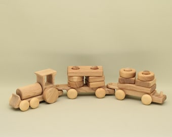 Wooden Stacking Train Montessori Waldorf Handmade Educational Locomotive + 2 Wagons 17 Building Blocks Lotes Toys Baby Gift Free Shipping