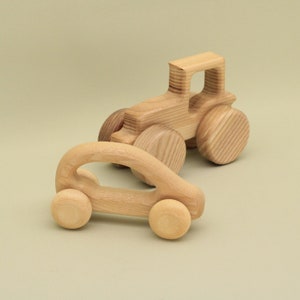 Handmade Organic Wooden Vehicle Set: Ash Wood Tractor and Car