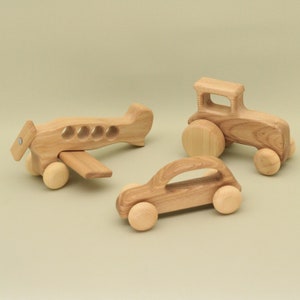 Handmade Organic Wooden Vehicle Set: Ash Wood Tractor, Airplane, Car