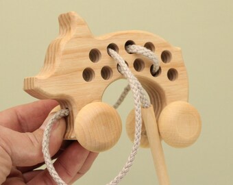 Wooden Handmade Threading Toy Piglet on Wheels Fine Motor Skills Development for Waldorf and Montessori Education Perfect Gift Free Shipping